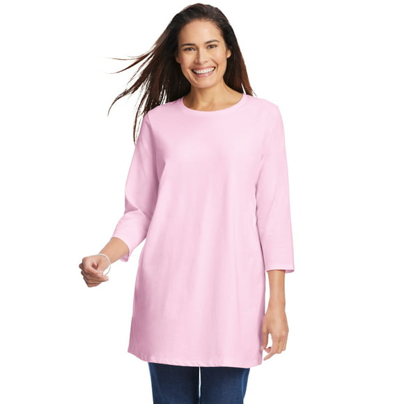 YUNY Women Solid Plus Size Pocket Crew-Neck Long-Sleeve Loose Sweatshirts Pink 2XL 